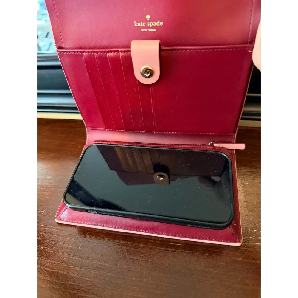 Kate Spade Wallet Women OS Pink Leather Bifold Phone Case Clutch Burgundy - Picture 8 of 10